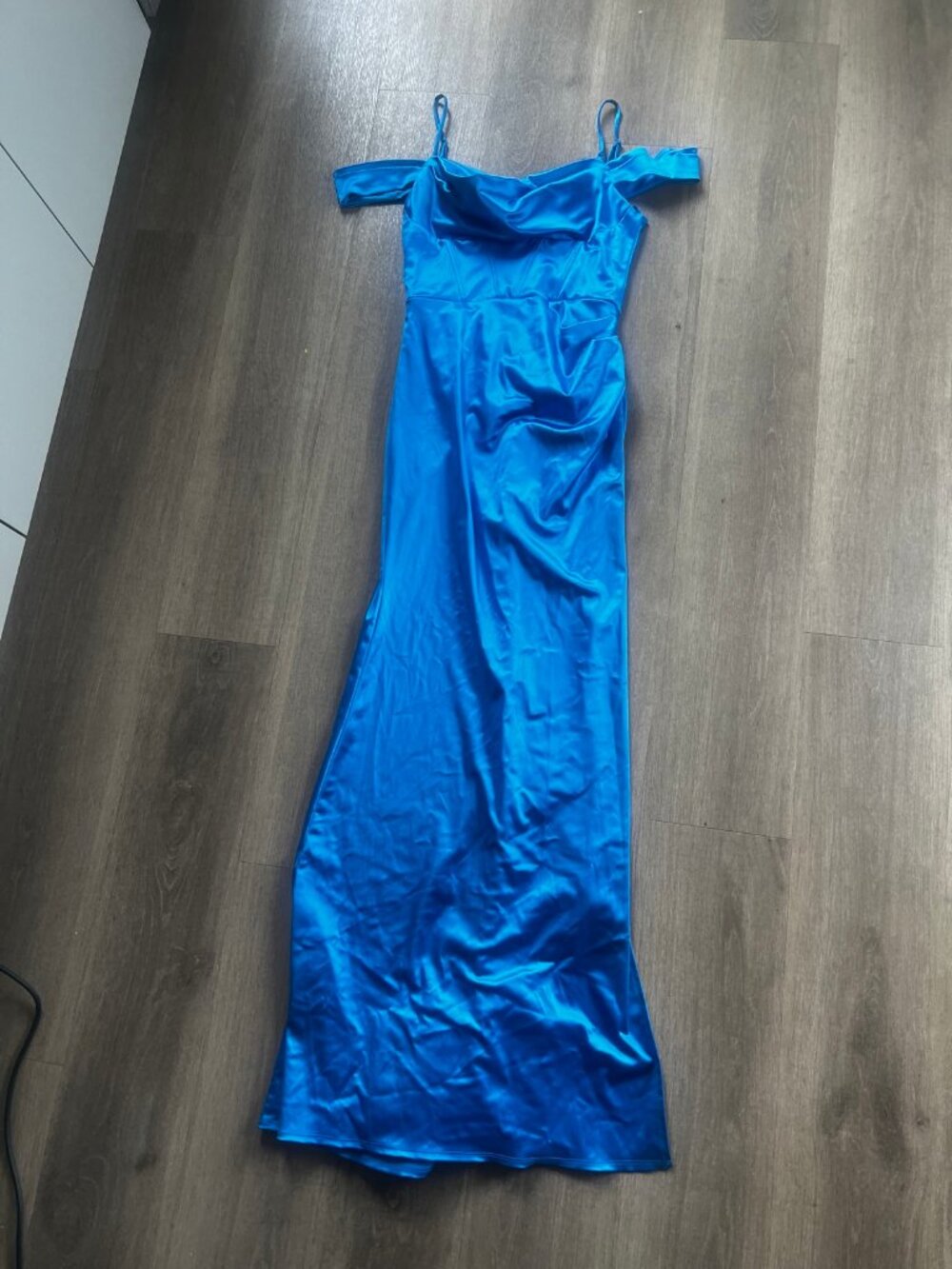 B. Darlin Royal Blue Satin Off Shoulder Maxi Dress 8